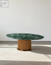 Elegant murcell oval coffee table with brazilian green marble top and fluted wooden base with gold trim marble coffee table