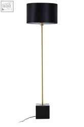 Murdoch black floor lamp with a black cylindrical shade on a slender gold-toned stem and square black base