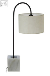 Murdoch curved table lamp with black metal arm, white fabric shade, and square marble base for stylish lighting