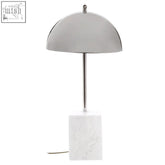 Murdoch table lamp with sleek chrome dome shade and square grey marble white base for modern decor