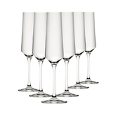Set of six clear crystal murray champagne glasses with slender stems and tapered bowls 220ml capacity