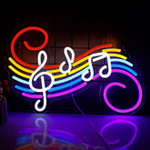 A vibrant rainbow-colored musical note neon sign led light with usb powered for bar music party and studio decor