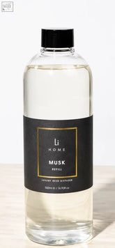 Clear glass bottle with black cap and label containing transparent liquid for li home musk square reed diffuser refill 500ml