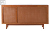 This myan sideboard features acacia wood white marble top with two sliding doors and mid-century modern design