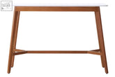 Modern wooden console table with white marble top and tapered legs in myan acacia wood white marble console style