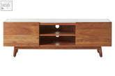Modern myan acacia wood media unit with a white marble top and sliding doors for stylish white marble media storage