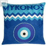 Blue embroidered mykonos needlepoint cushion in navy velvet with zigzag pattern and central evil eye design