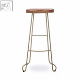 Rustic nandri acacia wood bar stool with round seat and slender antique silver metal legs perfect as a silver bar stool