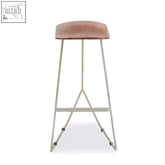 Nandri acacia wood bar stool with a warm copper seat and slender white antique silver frame tripod legs