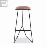 Black frame bar stool with tan leather seat and acacia wood legs for stylish kitchen or bar seating