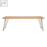 Modern teak wood bench with slatted teak wood top and sleek metal hairpin legs perfect for indoor seating