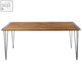 Modern rectangular nandri slatted teak wood dining table with warm wood top and sleek metal hairpin legs for teak wood dining