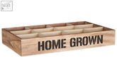 Light brown paulownia wood seed crate with black home grown lettering and 12 compartments for herbs and seeds