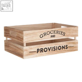 Light brown natural wood groceries crate with groceries and provisions printed in black serif font by naresso