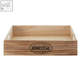 Light-colored naresso natural wood storage crate with rustic grain and oval homestead logo embossed on front
