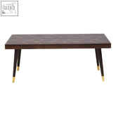 Dark wood naro mango wood coffee table with geometric inlaid pattern and gold finishing coffee legs