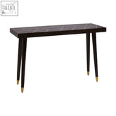 Dark wood naro mango wood console table with geometric inlaid top and gold finishing on legs