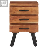 Wooden nashik three drawer acacia side table with black metal legs and handles for stylish bedroom storage