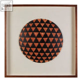 Nason framed geo wall art featuring a circular burnt orange and black geometric design in a dark wood frame