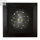 Nason framed silver abstract wall art with silver metallic sunburst spokes and circular accents in black wood frame