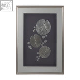 Nason silver leaf design framed wall art with silver-framed embossed metallic lily pads on a deep gray background