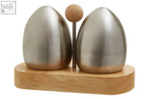 Natural origins stainless steel egg-shaped salt and pepper shakers with wooden base and handle for kitchen use