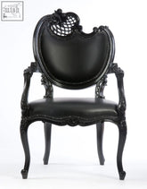 Neo Rococo arm chair elegant black leather with ornate carved wooden frame and decorative lattice detailing