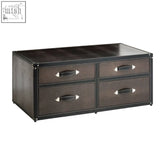 Dark brown crocodile-embossed coffee table with four drawers and black faux leather trims in new croc storage trunk