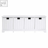 New england white storage bench with four vertical slatted drawers and black handles white storage bench for home organization