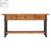 New foundry rustic wooden drawer console table with three drawers black metal legs and casters