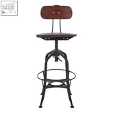 New foundry adjustable wooden seat bar stool with dark wood seat and black metal frame featuring adjustable height