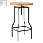 Black metal ash veneer bar stool with round light wood top and adjustable height for foundry ash veneer tables