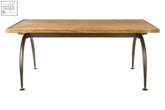 Rectangular new foundry dining table with elm wood top and dark metal legs with rounded feet for stylish dining space