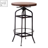 Black metal bar stool with round wooden seat in walnut finish for use with metal bar table setup