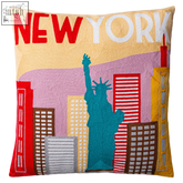 Colorful new york needlepoint cushion with teal statue of liberty and bold red new york needlepoint lettering