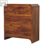 Newton chestnut drawer chest with three spacious compartments dark metal knobs curved edges warm wood finish