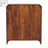 A warm Newton Chestnut cabinet with two doors curved edges made of solid mango wood for vertical storage