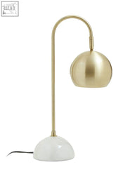 Gold-toned newton globe shaped desk lamp with curved metallic arm and smooth white ceramic base for desk use