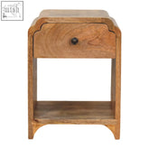 Light brown wooden newton mini nightstand with scalloped edge drawer and open shelf for bedroom storage