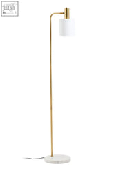 Gold-finished newton floor lamp with white marble base and white cylindrical shade for stylish lighting