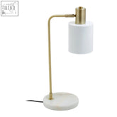 Newton white shade desk lamp with white shade, gold-toned metal arm and base, and marble-like circular stand