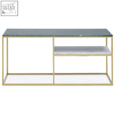 Modern nirav console table with dark gray assorted marble top and gold frame featuring an open right shelf
