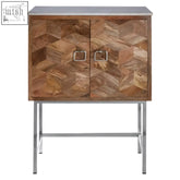 A nirav geometric design cabinet side table with a geometric wood inlay, silver metal top, and chrome legs