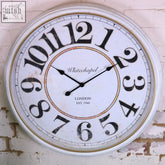 Vintage-style white large wall clock with black distressed numerals gold trim and whitechapel london est branding