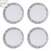 Set of four white ceramic pizza plates with black rim featuring margherita text in elegant script font