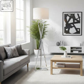 Modern chrome tripod floor lamp with off-white fabric shade perfect for living room home lighting