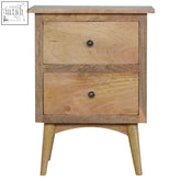 Light wood nordic style two-drawer nightstand with tapered legs dark metal knobs in natural oak mango wood finish