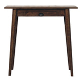 Dark brown wooden console table with a single drawer and black shell handle, part of nordic writing desk in classic grey