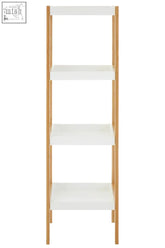 White and natural ladder shelf unit with four even shelves made of light wood perfect natural shelf unit