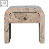 Sleek nouveau bedside table in solid mango wood with curved beige marble top and brass drawer knob